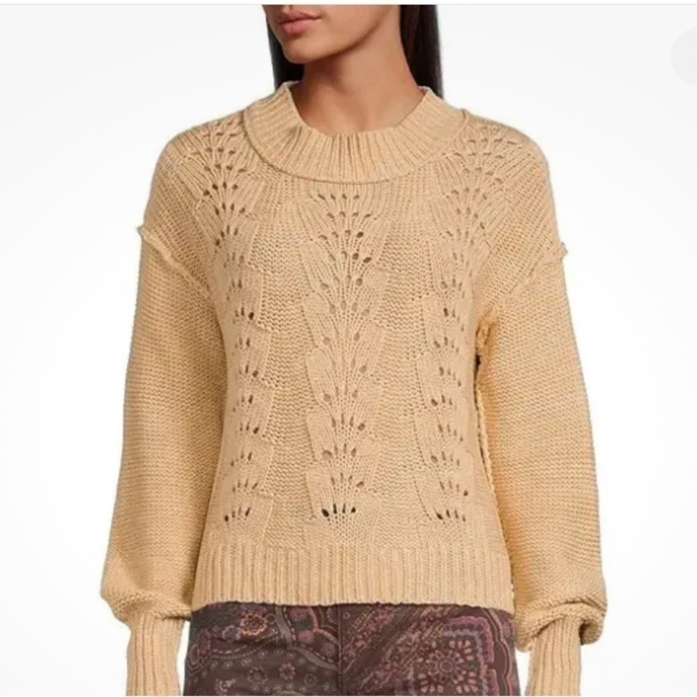 Free People Bell Song Crewneck Long Sleeve Beige Pullover Sweater, Size XL